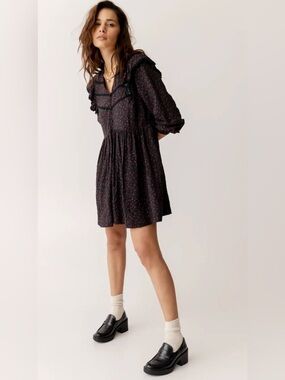Black Mini Dress with Red Floral Print and Ruffle Detail